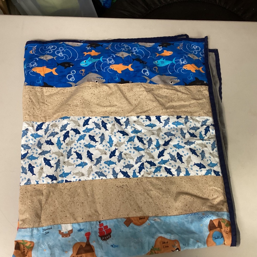 Kids Shark Pirate FishQuilt Blanket Blue Red Multi Beach Ocean Theme 44‎ x 40